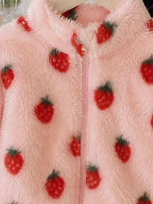 Elladie kids 1件少女甜美可愛草莓拉鍊立領加厚抓絨外套，適合春秋冬季日常休閒外出穿著 - 粉色 - 查看 8