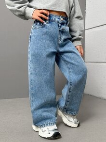SHEIN Young Girls New Casual Fashion Back Pocket Embroidered Washed Straight Leg Denim Jeans, School, Campus, College Autumn Fall - Blue - View 6