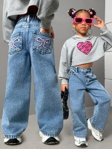SHEIN Young Girls New Casual Fashion Back Pocket Embroidered Washed Straight Leg Denim Jeans, School, Campus, College Autumn Fall - Blue - View 1