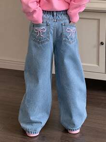 SHEIN Young Girls New Casual Fashion Back Pocket Embroidered Washed Straight Leg Denim Jeans, School, Campus, College Autumn Fall - Blue - View 3