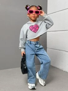 SHEIN Young Girls New Casual Fashion Back Pocket Embroidered Washed Straight Leg Denim Jeans, School, Campus, College Autumn Fall - Blue - View 8