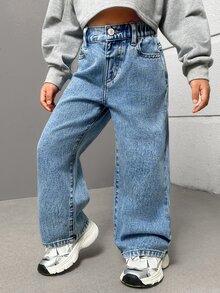 SHEIN Young Girls New Casual Fashion Back Pocket Embroidered Washed Straight Leg Denim Jeans, School, Campus, College Autumn Fall - Blue - View 4