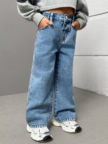 SHEIN Young Girls New Casual Fashion Back Pocket Embroidered Washed Straight Leg Denim Jeans, School, Campus, College Autumn Fall - Blue - View 5