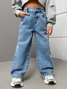 SHEIN Young Girls New Casual Fashion Back Pocket Embroidered Washed Straight Leg Denim Jeans, School, Campus, College Autumn Fall - Blue - View 7