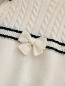 SHEIN Vintaside Kids 女嬰白色黑格紋蝴蝶結飾邊荷葉邊針織短版連身褲 新生兒長袖上衣襪子 春秋款 親子套裝可愛 - 黑與白 - 查看 5