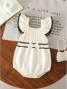 SHEIN Vintaside Kids 女嬰白色黑格紋蝴蝶結飾邊荷葉邊針織短版連身褲 新生兒長袖上衣襪子 春秋款 親子套裝可愛 - 黑與白 - 查看 3