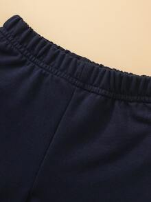 SHEIN 新生男嬰海軍藍條紋圓領長袖泰迪熊圖案上衣搭配長褲，時尚休閒可愛趣味日系風秋季套裝 - 寶藍色 - 查看 8