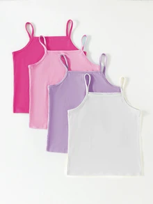 4pcs/Set Girls' Solid Color Minimalist Basics Fashion Camisole Tank Top Set, Suitable For All Seasons School Maroon Pink Lavender White Winter School - Multicolor - View 1