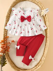 SHEIN 3pcs Infant Baby Toddler Newborn Girl Cute Cherry Polka Dot Bow Ruffle Long Sleeve Top Leggings Pants Autumn School Photoshoot Outfit Sets - Red - View 5