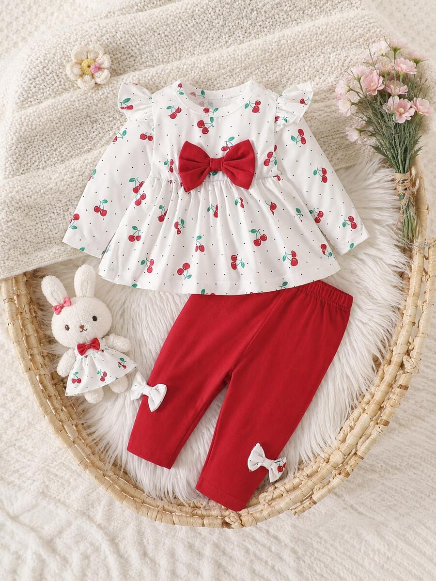 SHEIN 3pcs Infant Baby Toddler Newborn Girl Cute Cherry Polka Dot Bow Ruffle Long Sleeve Top Leggings Pants Autumn School Photoshoot Outfit Sets - Red - View 1
