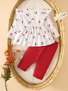 SHEIN 3pcs Infant Baby Toddler Newborn Girl Cute Cherry Polka Dot Bow Ruffle Long Sleeve Top Leggings Pants Autumn School Photoshoot Outfit Sets - Red - View 2
