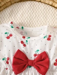SHEIN 3pcs Infant Baby Toddler Newborn Girl Cute Cherry Polka Dot Bow Ruffle Long Sleeve Top Leggings Pants Autumn School Photoshoot Outfit Sets - Red - View 6