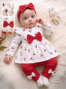 SHEIN 3pcs Infant Baby Toddler Newborn Girl Cute Cherry Polka Dot Bow Ruffle Long Sleeve Top Leggings Pants Autumn School Photoshoot Outfit Sets - Red - View 3