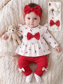 SHEIN 3pcs Infant Baby Toddler Newborn Girl Cute Cherry Polka Dot Bow Ruffle Long Sleeve Top Leggings Pants Autumn School Photoshoot Outfit Sets - Red - View 4