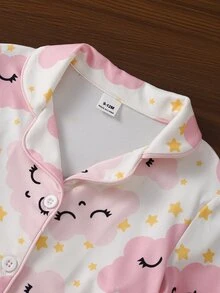 SHEIN 女嬰甜美可愛優雅柔軟休閒日常雲朵星星卡通印花秋冬開襟衫與長褲2件套居家服舒適室內穿著 - 彩色 - 查看 7