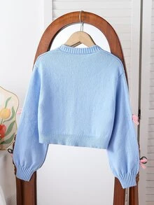 SHEIN Elladie kids 少女大碼可愛軟暖 3D 蝴蝶結針織開襟毛衣，淺藍粉色，秋季、節日、返校、休閒優雅簡約日常告別款 - 淺藍色 - 查看 3