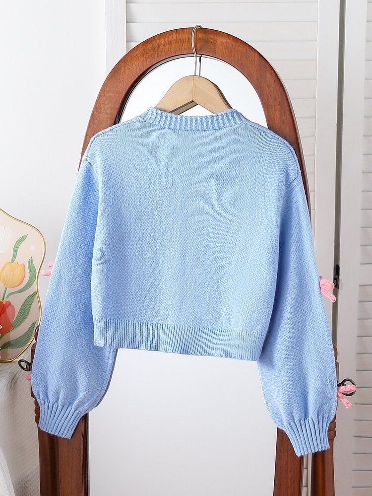 SHEIN Elladie kids Tween Girl Oversized Cute Soft Warm 3D Bow Knit Cardigan Sweater,Light Blue Pink,Autumn,Holiday,Back-To-School,Casual Elegant Simple Everyday Farewell - Baby Blue - View 2