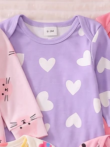 SHEIN 【1套隨機發送】新生兒居家秋冬連身睡衣，彩色花卉、粉色底黑心、可愛貓咪、紫色白色軟綿 - 彩色 - 查看 5