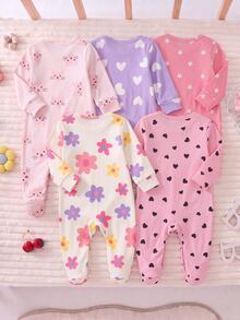 SHEIN 【1套隨機發送】新生兒居家秋冬連身睡衣，彩色花卉、粉色底黑心、可愛貓咪、紫色白色軟綿 - 彩色 - 查看 2