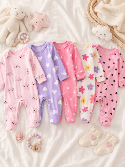 SHEIN [1 Set Enviado al Azar]Pijama Mono Recién Nacido Otoño/Invierno, Floral Colorido, Fondo Rosa Corazón Negro, Gato Lindo, Púrpura Blanco Suave