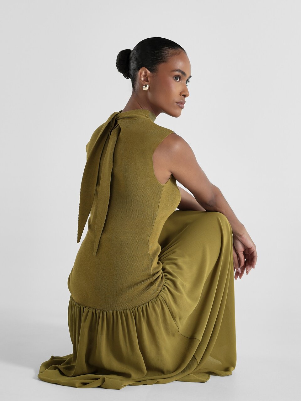 KSTM Olive Maxi Dress With Tie Neck Ribbed Knit Bodice And Flowy Chiffon Drop Waist Skirt Sleeveless Fit And Flare Silhouette