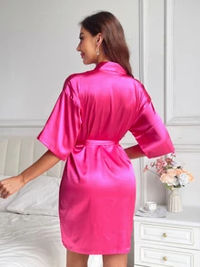 Moireta Solid Belted Satin Robe Luxe Loungewear, Fall, Winter - Pink - View 2