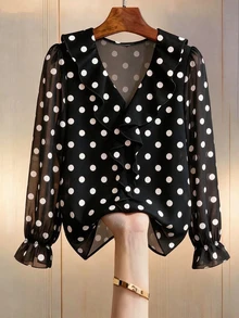 GlowEve CURVE Plus Size Women's Elegant Classic Black With White Polka Dot V-Neck Ruffle Long Sleeve Chiffon Blouse, Slimming Minimalist Fit With Ruffle Cuff Design, Suitable For Daily Wear, Commuting, Dating, Gathering, Inner Layer Or Outer Top - Black and White - View 3