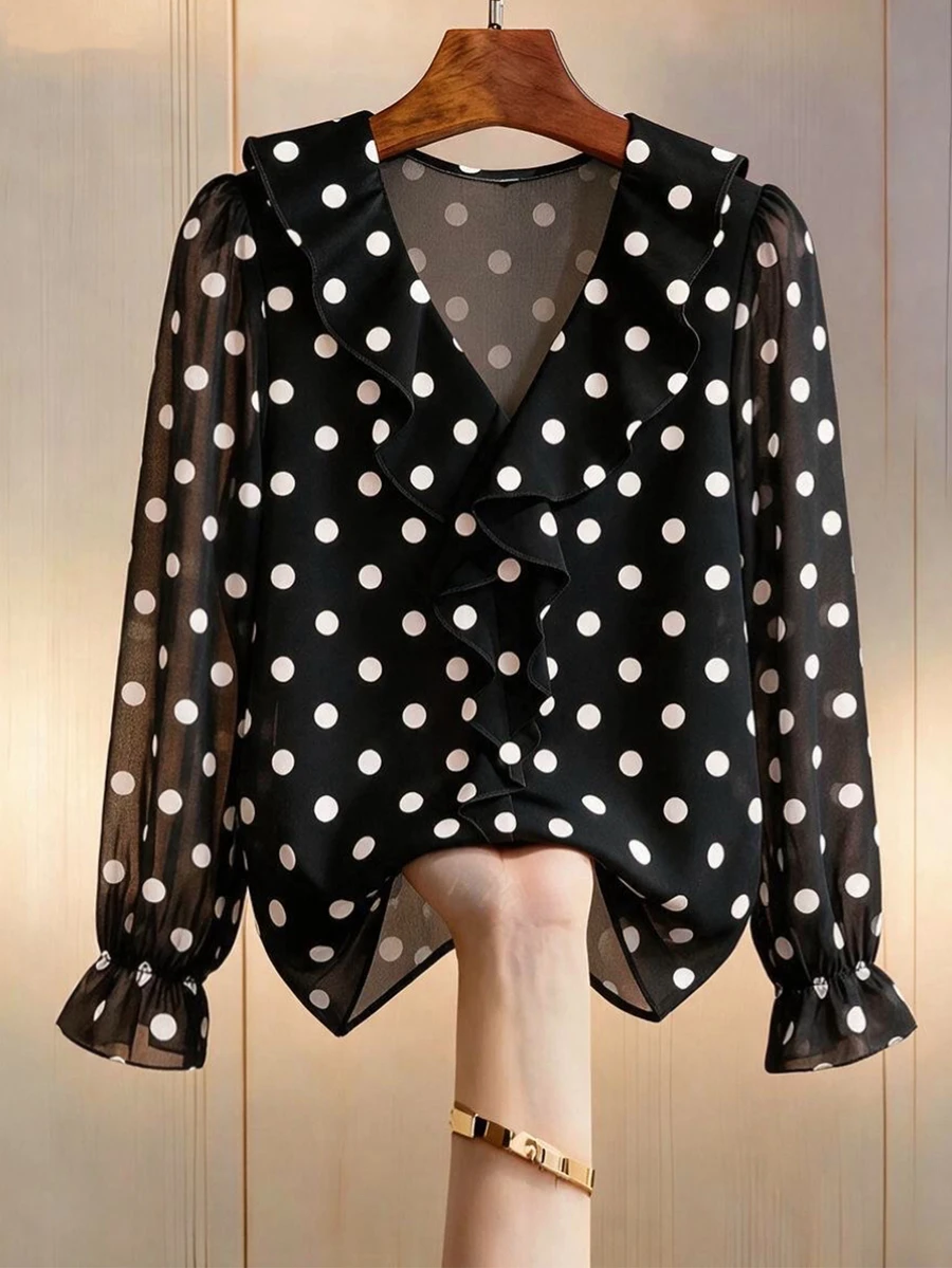 GlowEve CURVE Plus Size Women's Elegant Classic Black With White Polka Dot V-Neck Ruffle Long Sleeve Chiffon Blouse, Slimming Minimalist Fit With Ruffle Cuff Design, Suitable For Daily Wear, Commuting, Dating, Gathering, Inner Layer Or Outer Top - Black and White - View 1
