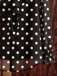 GlowEve CURVE Plus Size Women's Elegant Classic Black With White Polka Dot V-Neck Ruffle Long Sleeve Chiffon Blouse, Slimming Minimalist Fit With Ruffle Cuff Design, Suitable For Daily Wear, Commuting, Dating, Gathering, Inner Layer Or Outer Top - Black and White - View 5