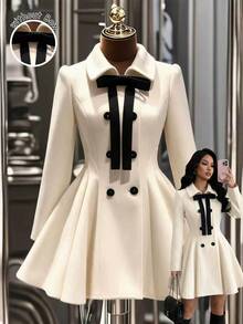 GlowEve Women's Bow Decor Double-Breasted Long Sleeve Elegant Regular Fit Jacket - Apricot - View 1