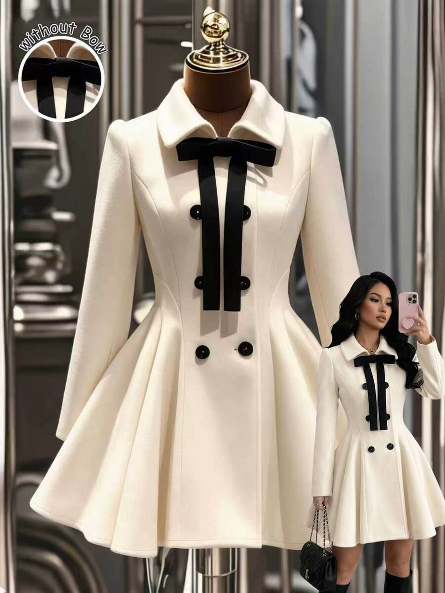 GlowEve Women's Bow Decor Double-Breasted Long Sleeve Elegant Regular Fit Jacket - Apricot - View 1