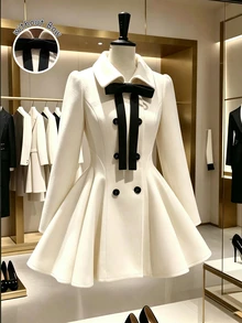 GlowEve Women's Bow Decor Double-Breasted Long Sleeve Elegant Regular Fit Jacket - Apricot - View 3