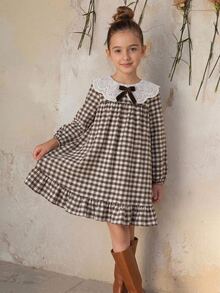 Emery Rose Kids Emery Rose Kids 女童蝴蝶結裝飾格紋長袖洋裝 - 彩色 - 查看 3