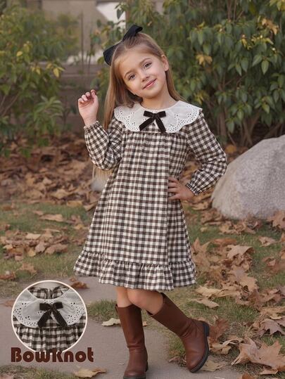 Emery Rose Kids Emery Rose Kids Young Girl Young Girl Young Girl Young Girl Bow Decor Plaid Long Sleeve Dress