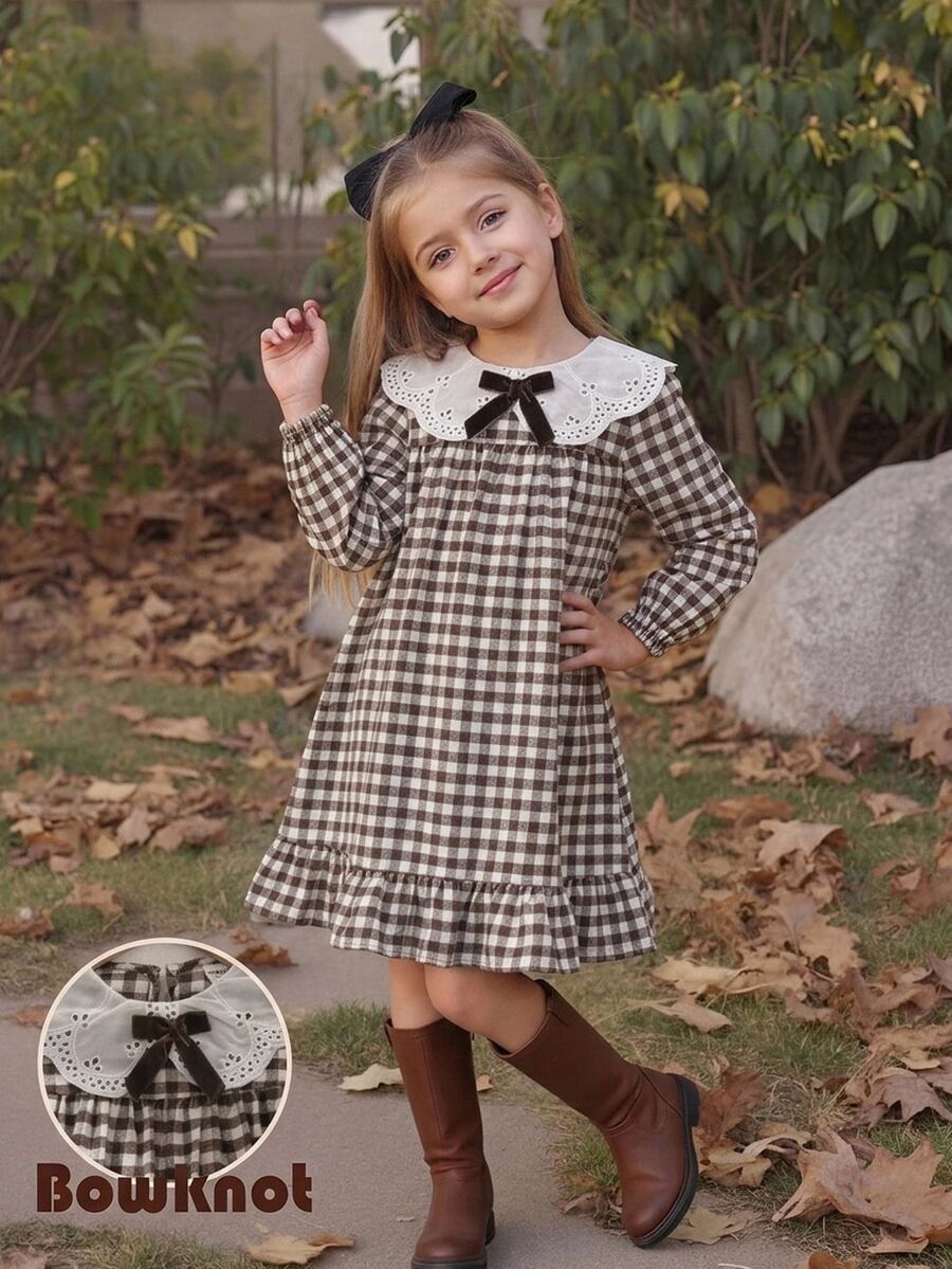 Emery Rose Kids Emery Rose Kids 女童蝴蝶結裝飾格紋長袖洋裝 - 彩色 - 查看 1