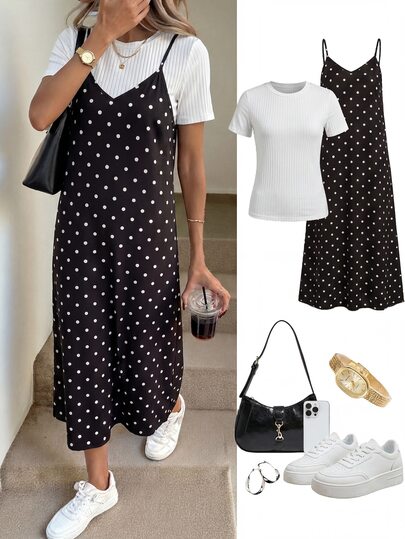 Easowa Women 2pcs/Set Casual White Black And White Polka Dot Camisole Mid-Length Dress, Spring/Summer Daily Basic Set,Casual Brunch