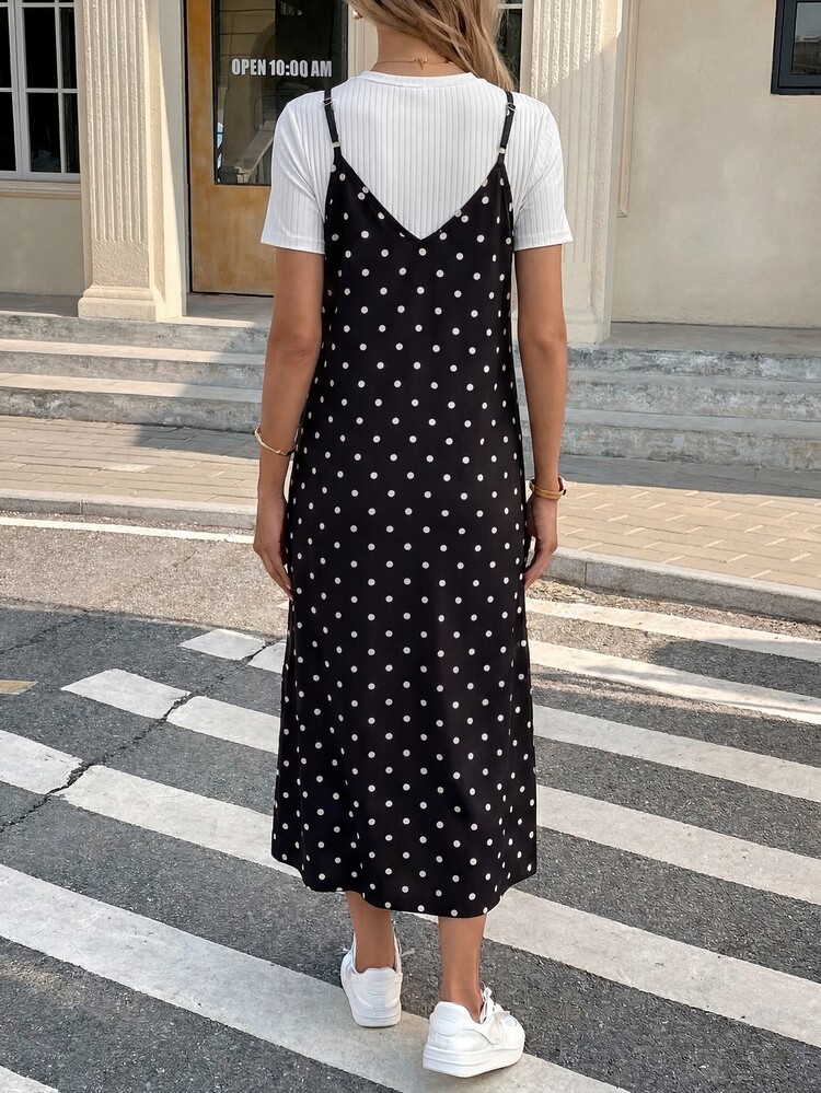 Easowa Women 2pcs/Set Casual White Black And White Polka Dot Camisole Mid-Length Dress, Spring/Summer Daily Basic Set,Casual Brunch - Black and White - View 4