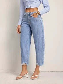 SHEIN Tall Casual Streetwear Washed Distressed Mid-Waist Jeans Travel Vacation Aqua Blue Summer - Blue - View 3