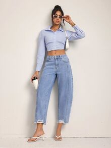 SHEIN Tall Casual Streetwear Washed Distressed Mid-Waist Jeans Travel Vacation Aqua Blue Summer - Blue - View 7