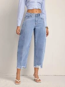 SHEIN Tall Casual Streetwear Washed Distressed Mid-Waist Jeans Travel Vacation Aqua Blue Summer - Blue - View 4