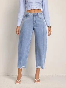 SHEIN Tall Casual Streetwear Washed Distressed Mid-Waist Jeans Travel Vacation Aqua Blue Summer - Blue - View 8