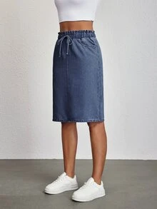 SHEIN Tall 女款休閒抽繩腰直筒牛仔裙，夏季，高個女性適用 - 藍色 - 查看 3