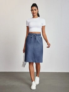 SHEIN Tall 女款休閒抽繩腰直筒牛仔裙，夏季，高個女性適用 - 藍色 - 查看 5