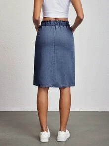 SHEIN Tall 女款休閒抽繩腰直筒牛仔裙，夏季，高個女性適用 - 藍色 - 查看 2