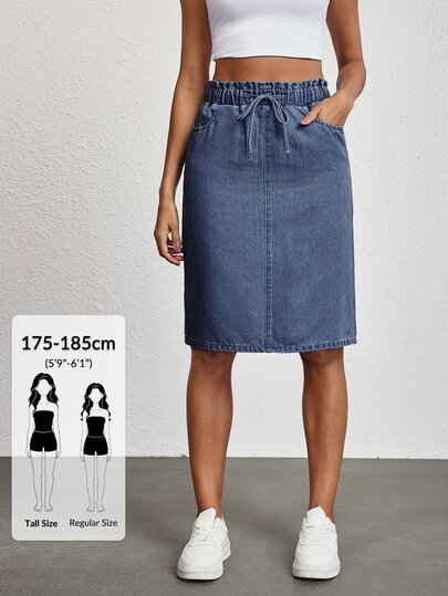SHEIN Tall Women's Casual Drawstring Waist Straight Denim Skirt, Summer, Tall Women