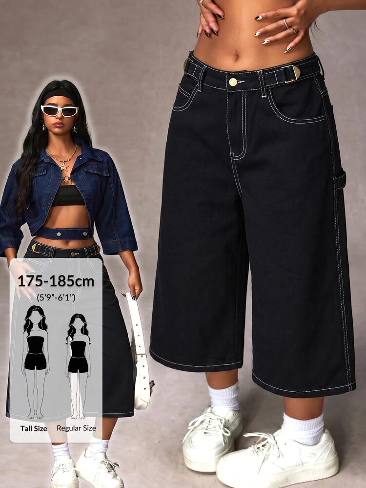 SHEIN Tall Women's Pocket Button Casual Basic Sexy Versatile Daily Wear Wide Leg Jeans, Tall Women Back-To-School Swimming White Summer - Grey - View 1