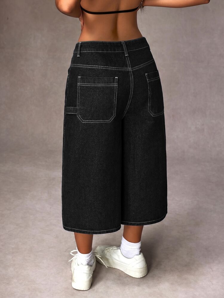 SHEIN Tall Women's Fashion Versatile Pocketed Button Loose Wide Leg 3/4 Length Jeans Everyday Going Out Black Summer Streetwear Casual - Blue - View 2