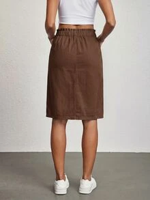 SHEIN Tall 女款休閒丹寧裙，附荷葉邊飾邊、腰部繫帶與口袋，日常咖啡色夏季款 - 棕色 - 查看 2