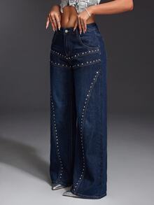SHEIN Tall Women's Rivet Decor Straight Leg Jeans - Blue - View 2
