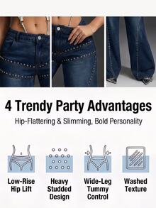 SHEIN Tall Women's Rivet Decor Straight Leg Jeans - Blue - View 6